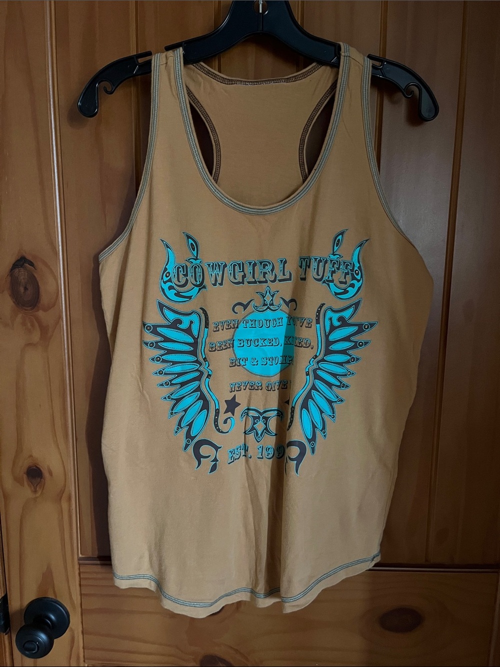 Cowgirl Tuff Tan Tank Top with Turquoise Wing Graphic